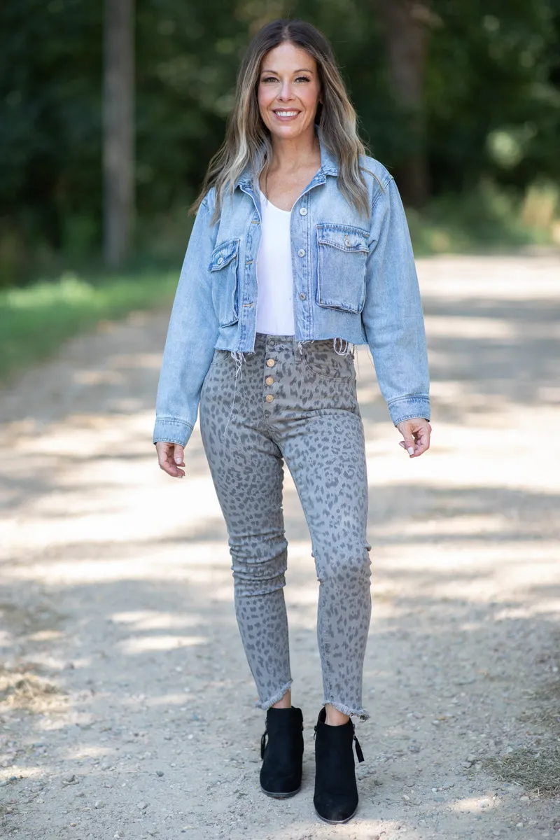 Grey Animal Print Ankle Length Skinny Jeans