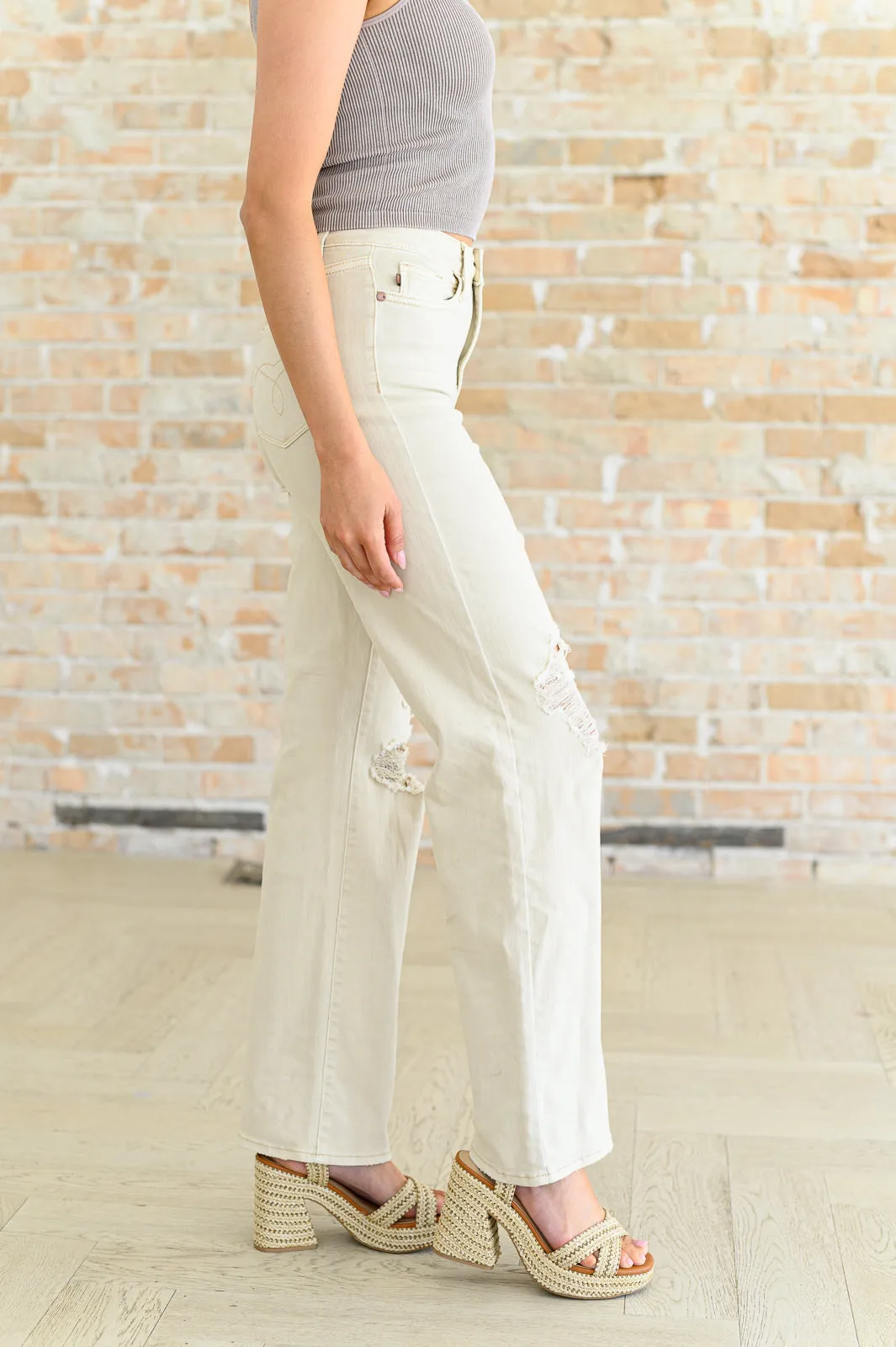 Hazel Blues® |  Selena High Rise Distressed 90's Straight Jeans in Bone