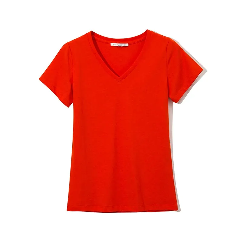 High Quality V-Neck 15 Candy Color Cotton Basic T-shirt Women Plain Simple T Shirt For Women Short Sleeve Female Tops 077