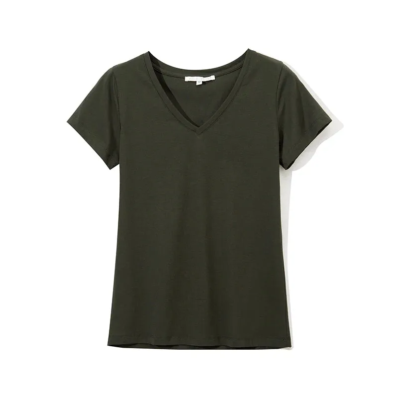 High Quality V-Neck 15 Candy Color Cotton Basic T-shirt Women Plain Simple T Shirt For Women Short Sleeve Female Tops 077