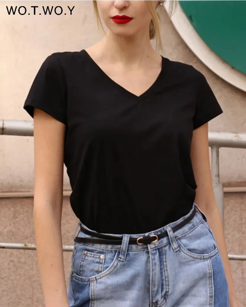 High Quality V-Neck 15 Candy Color Cotton Basic T-shirt Women Plain Simple T Shirt For Women Short Sleeve Female Tops 077