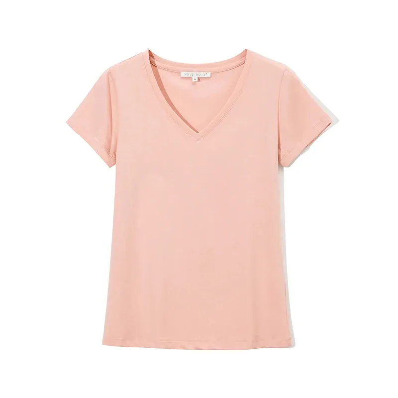 High Quality V-Neck 15 Candy Color Cotton Basic T-shirt Women Plain Simple T Shirt For Women Short Sleeve Female Tops 077