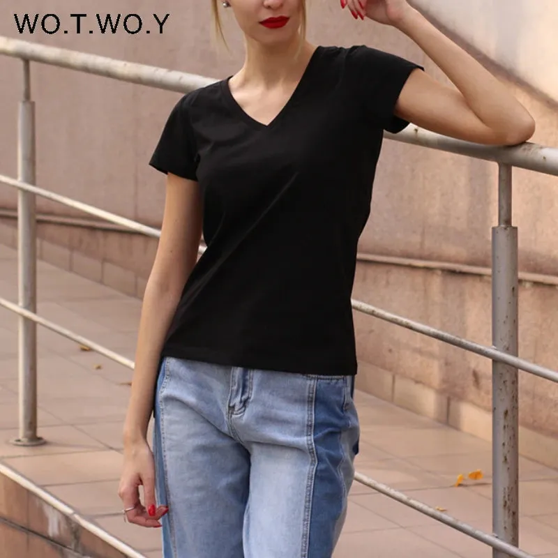 High Quality V-Neck 15 Candy Color Cotton Basic T-shirt Women Plain Simple T Shirt For Women Short Sleeve Female Tops 077