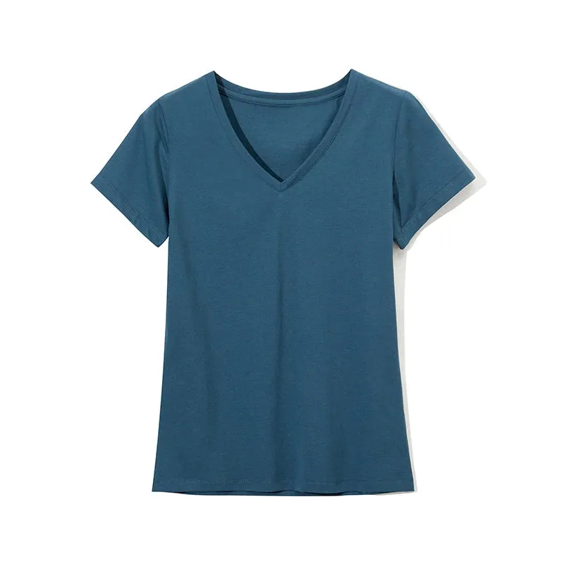 High Quality V-Neck 15 Candy Color Cotton Basic T-shirt Women Plain Simple T Shirt For Women Short Sleeve Female Tops 077