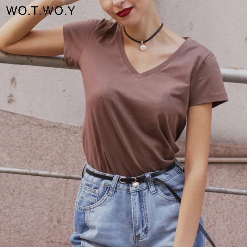 High Quality V-Neck 15 Candy Color Cotton Basic T-shirt Women Plain Simple T Shirt For Women Short Sleeve Female Tops 077