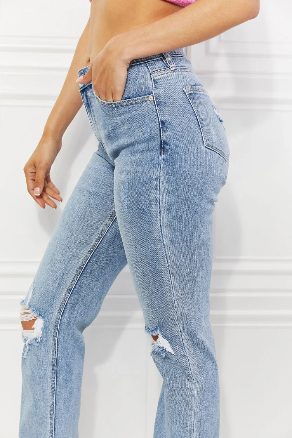 High Rise Distressed Slim Straight Jeans