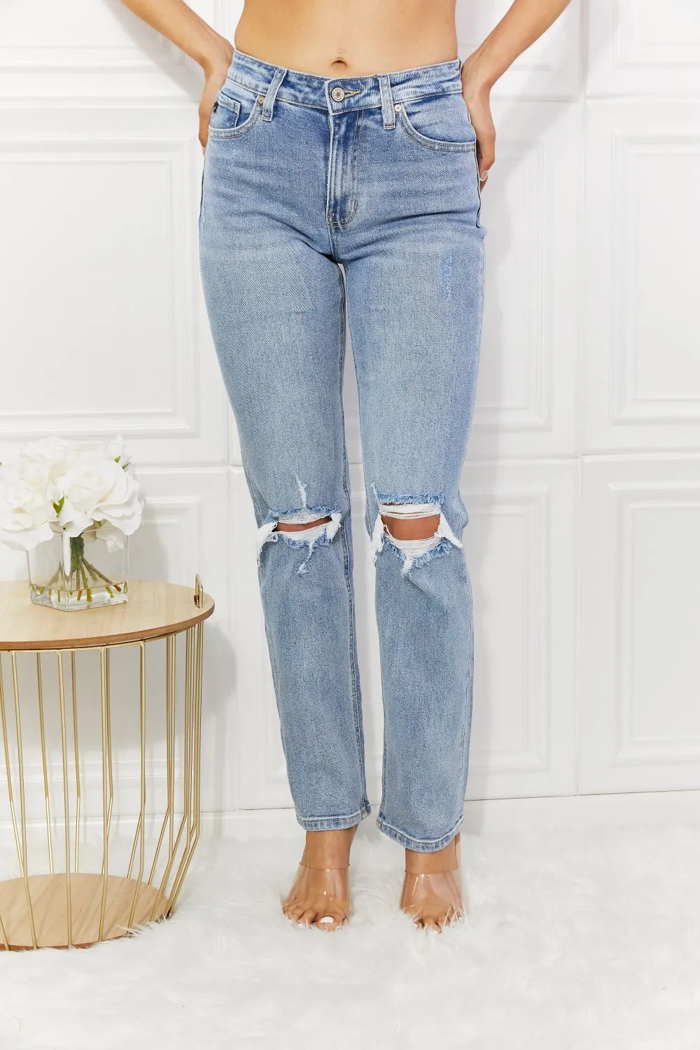 High Rise Distressed Slim Straight Jeans