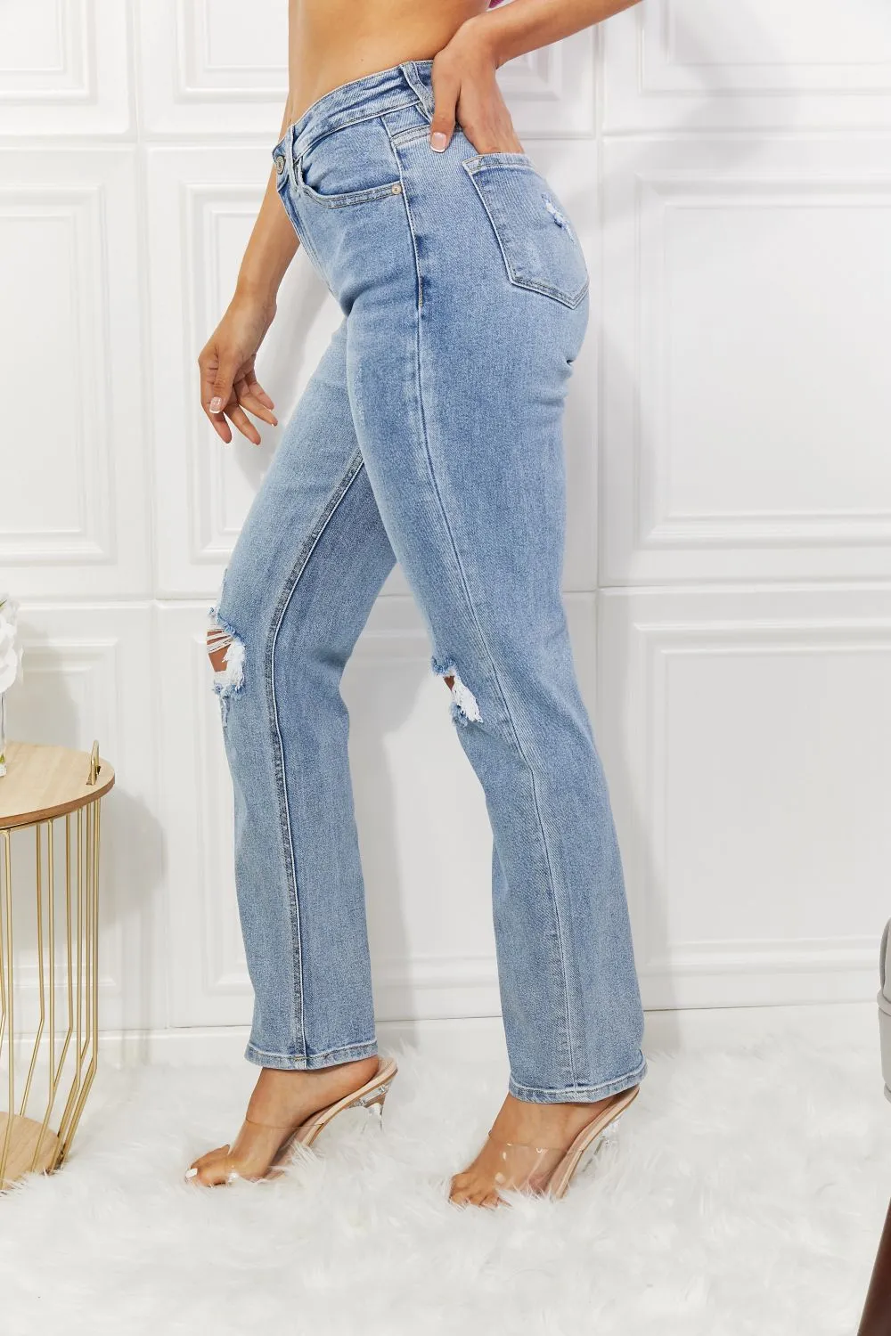 High Rise Distressed Slim Straight Jeans