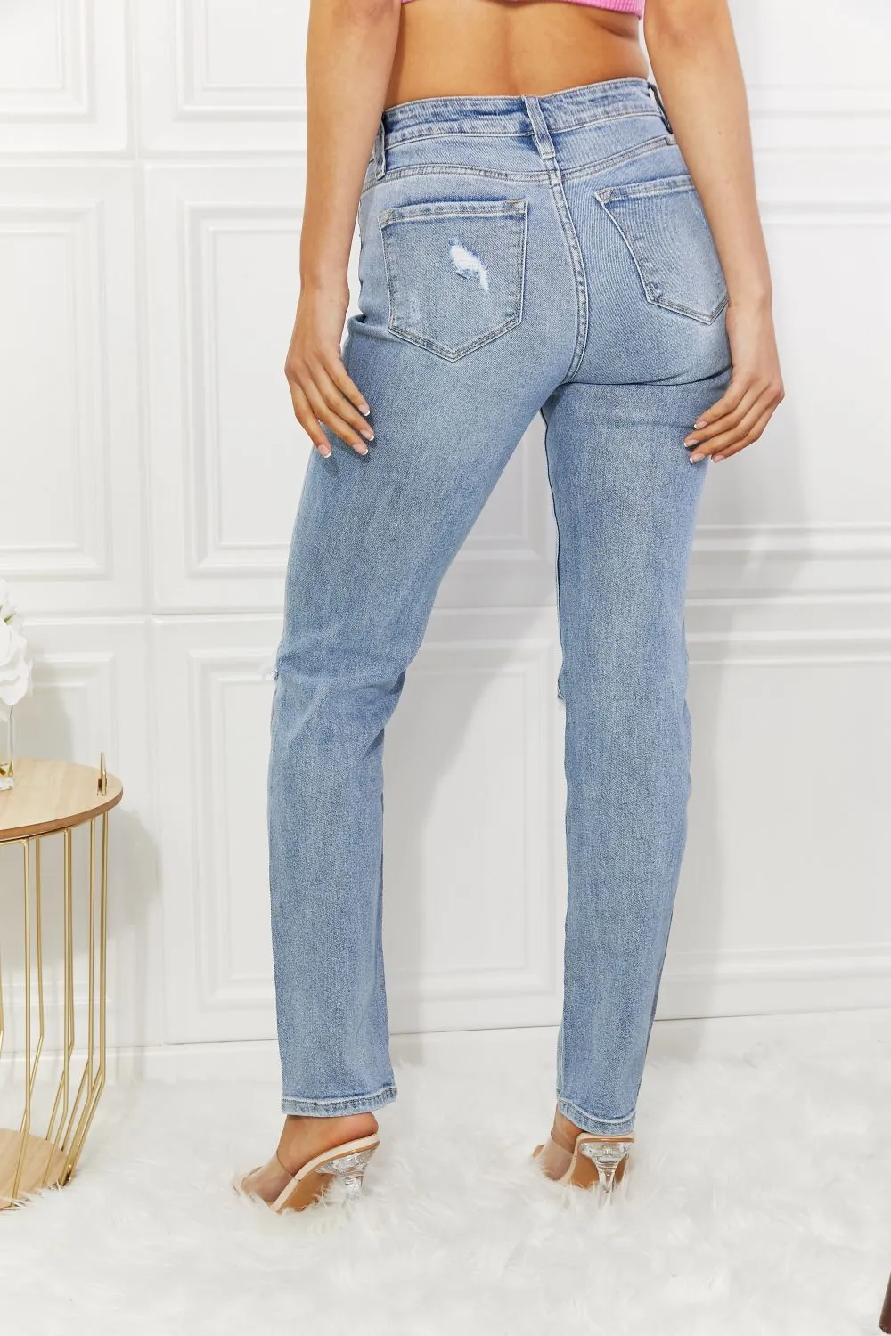 High Rise Distressed Slim Straight Jeans