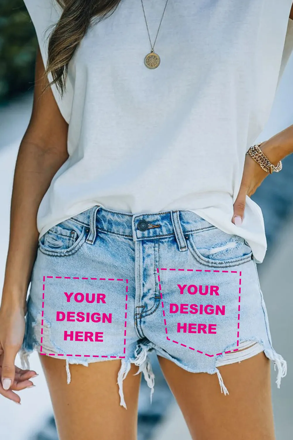 High Waist Distressed Washed Denim Shorts