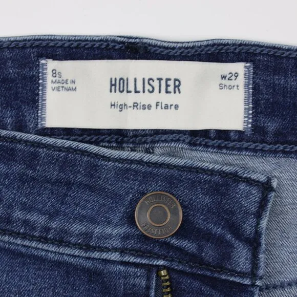 Hollister Women's High Rise Medium Wash Stretch Distressed Denim Flare Jeans 29