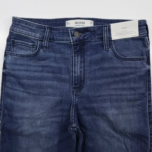 Hollister Women's High Rise Medium Wash Stretch Distressed Denim Flare Jeans 29