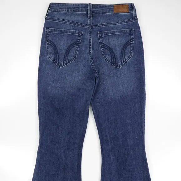 Hollister Women's High Rise Medium Wash Stretch Distressed Denim Flare Jeans 29