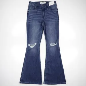 Hollister Women's High Rise Medium Wash Stretch Distressed Denim Flare Jeans 29