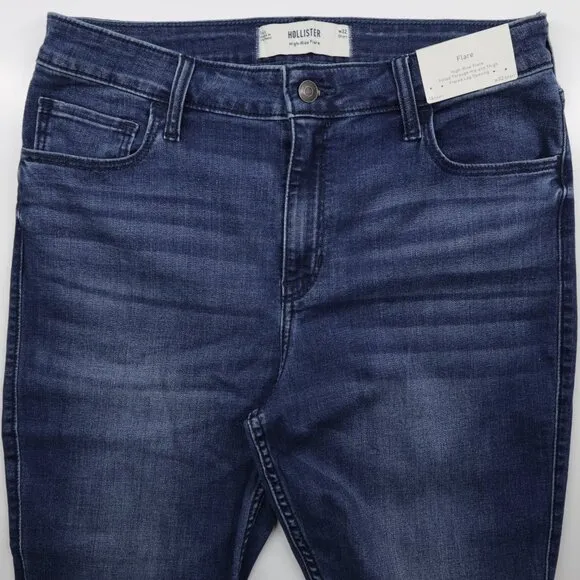 Hollister Women's High Rise Medium Wash Stretch Distressed Denim Flare Jeans 32