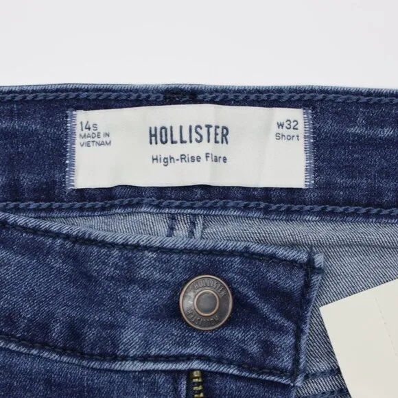 Hollister Women's High Rise Medium Wash Stretch Distressed Denim Flare Jeans 32