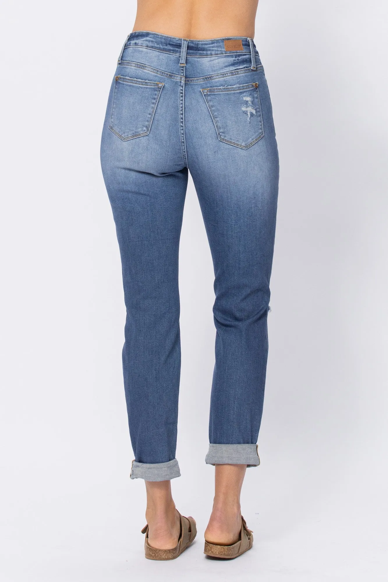HW DISTRESSED CUFFED BOYFRIEND JEAN BY JUDY BLUE - CURVY