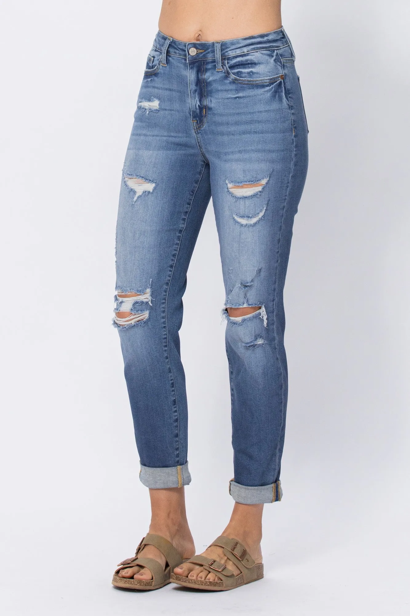 HW DISTRESSED CUFFED BOYFRIEND JEAN BY JUDY BLUE - CURVY
