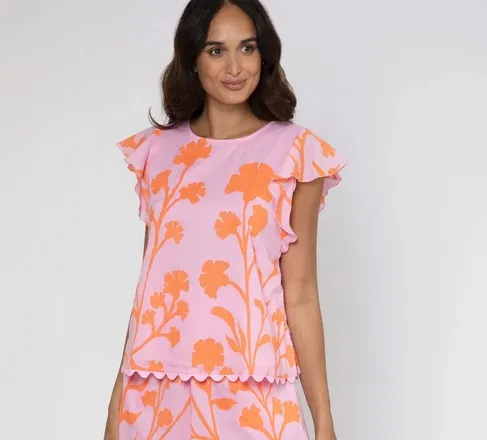 Juliet Dunn Majorelle Print Frill Top - Pink/Orange