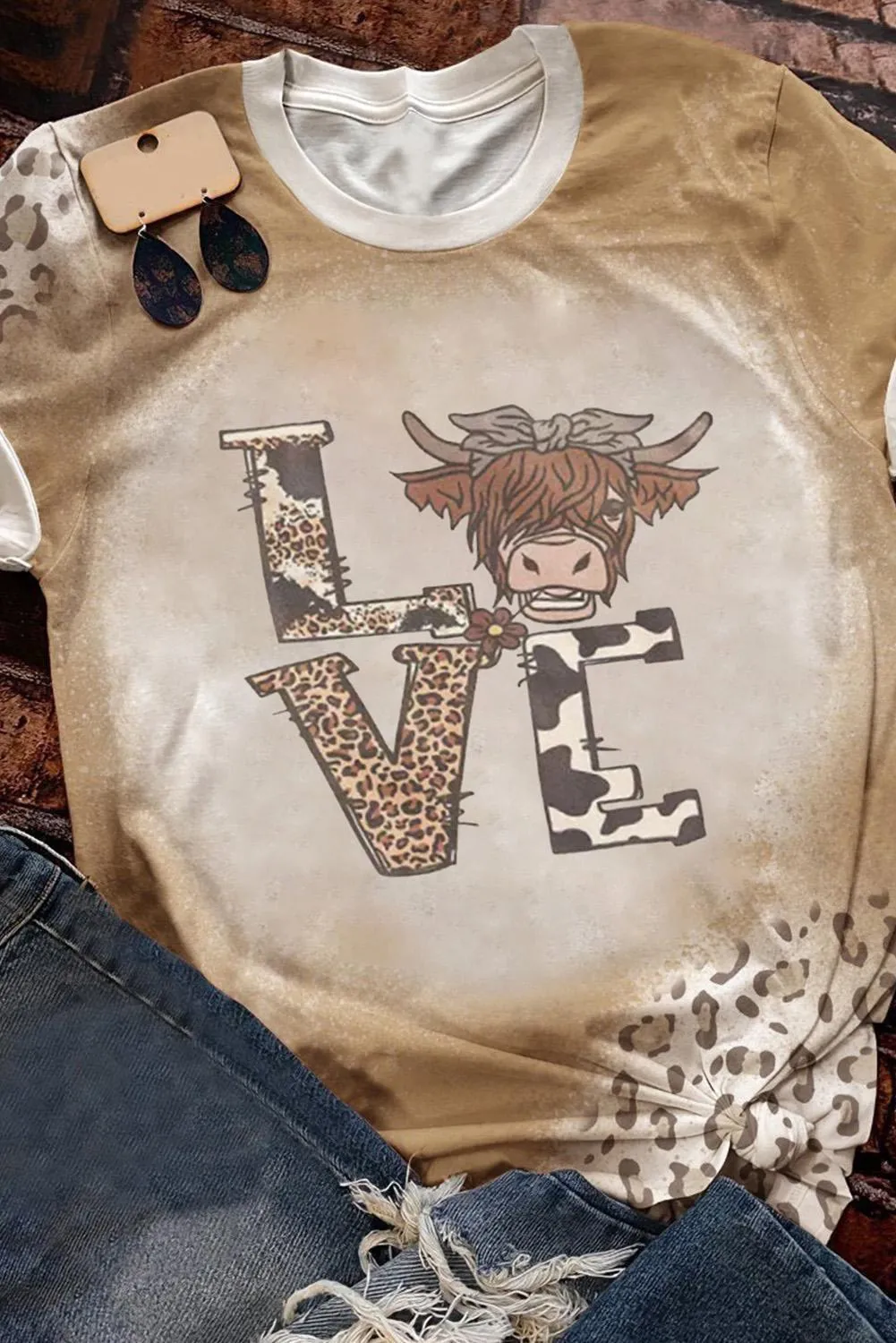 Khaki LOVE Leopard Cow Graphic Print Short Sleeve Tee T-Shirts
