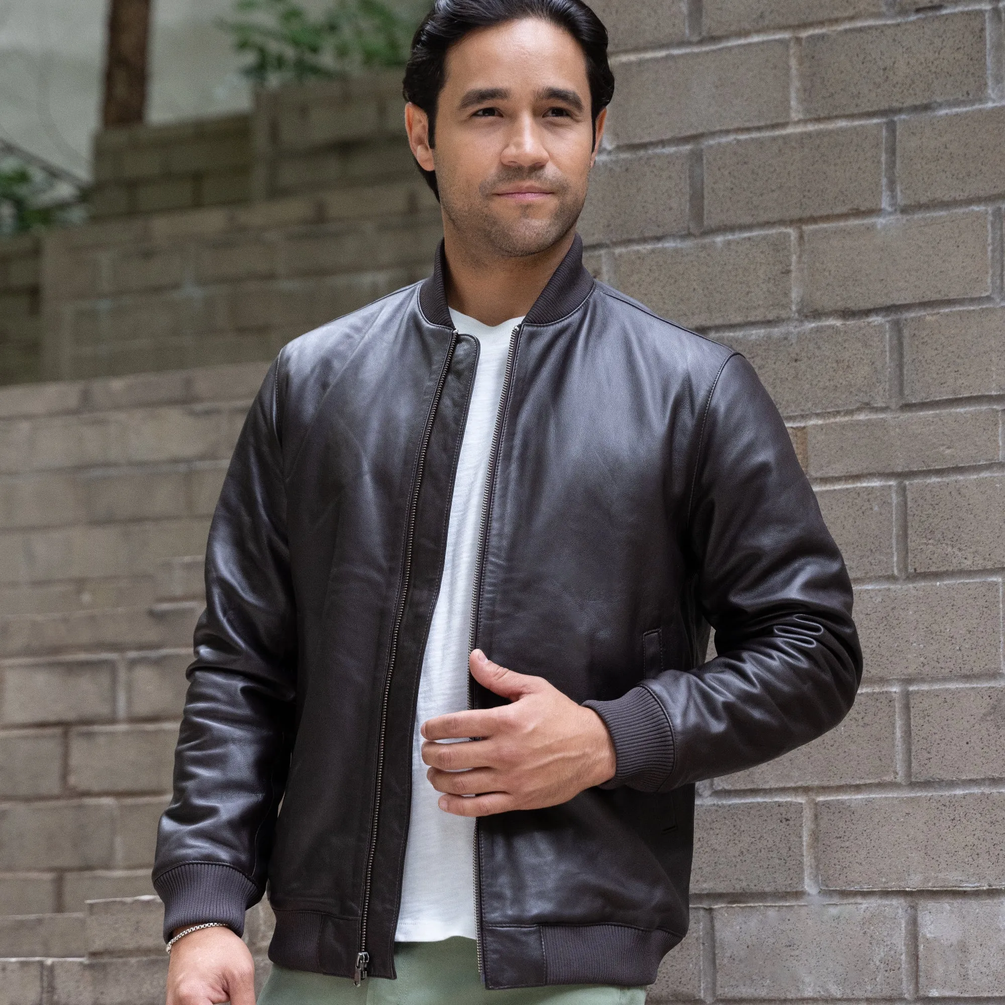 Leather Bomber Jacket - Brown