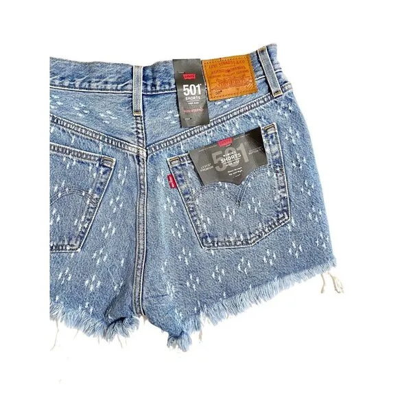 Levi's 501 High Rise Denim Jean Shorts Button Fly Fringe Dottie Blues Sz 28 NWT