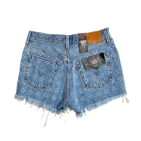 Levi's 501 High Rise Denim Jean Shorts Button Fly Fringe Dottie Blues Sz 28 NWT