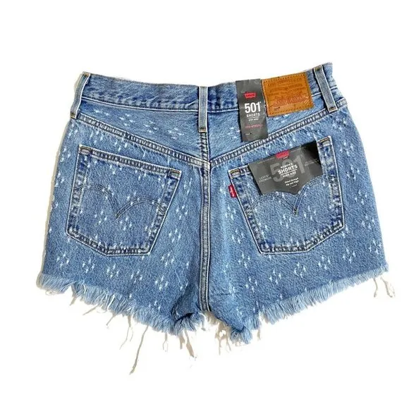 Levi's 501 High Rise Denim Jean Shorts Button Fly Fringe Dottie Blues Sz 28 NWT