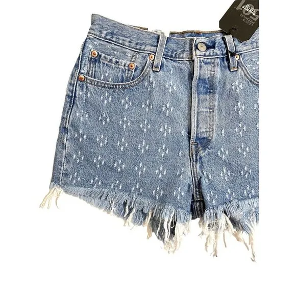 Levi's 501 High Rise Denim Jean Shorts Button Fly Fringe Dottie Blues Sz 28 NWT