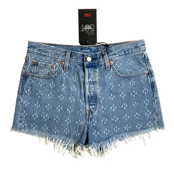 Levi's 501 High Rise Denim Jean Shorts Button Fly Fringe Dottie Blues Sz 29 NWT