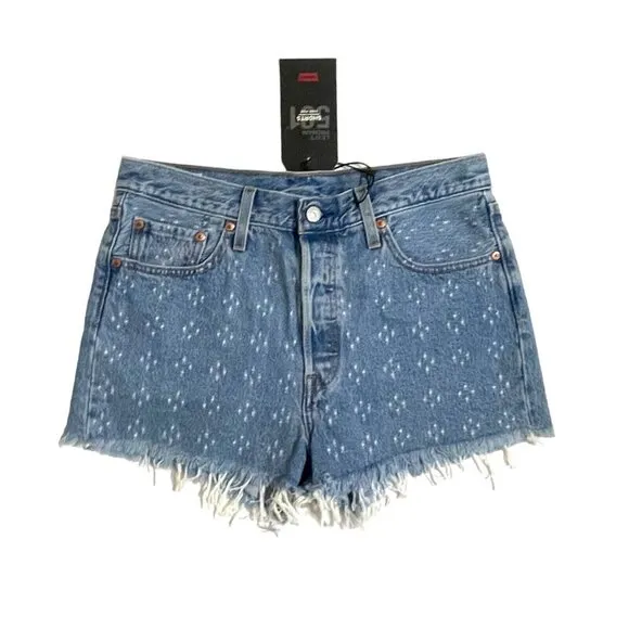 Levi's 501 High Rise Denim Jean Shorts Button Fly Fringe Dottie Blues Sz 29 NWT