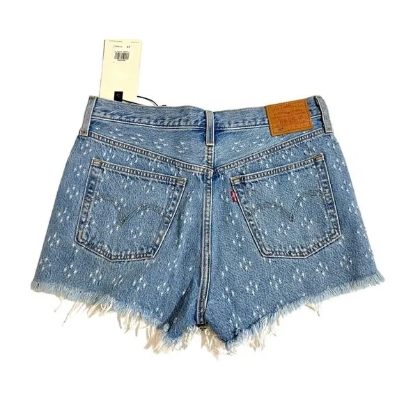 Levi's 501 High Rise Denim Jean Shorts Button Fly Fringe Dottie Blues Sz 29 NWT