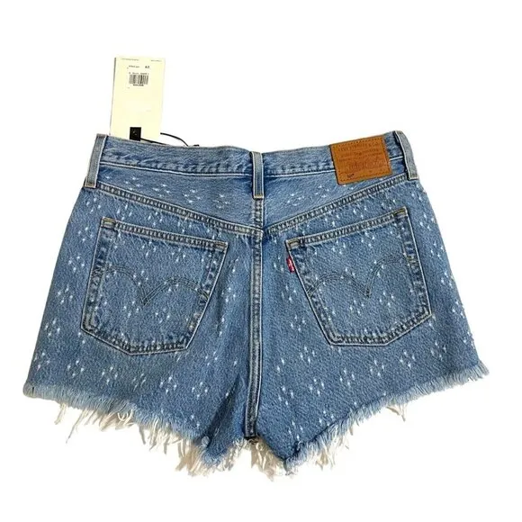 Levi's 501 High Rise Denim Jean Shorts Button Fly Fringe Dottie Blues Sz 29 NWT