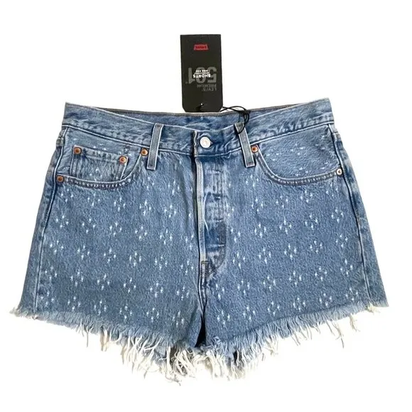 Levi's 501 High Rise Denim Jean Shorts Button Fly Fringe Dottie Blues Sz 29 NWT