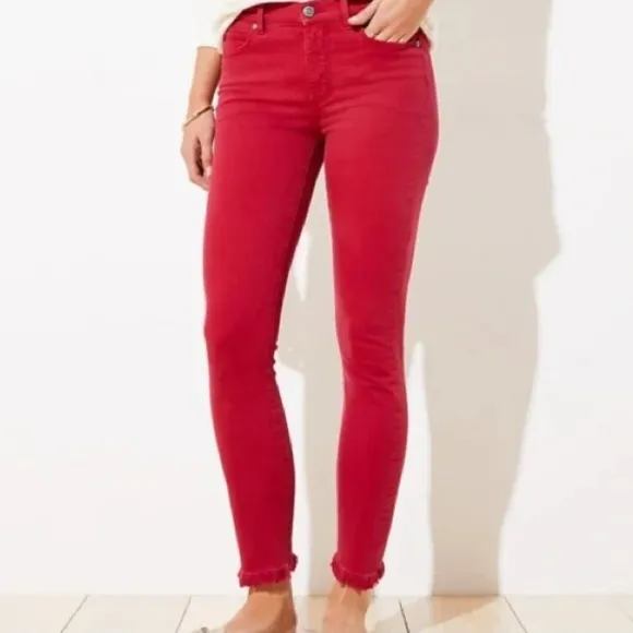 LOFT Slim‎ Pockets High Rise Skinny Jeans Frayed Hem 16 Red NWT