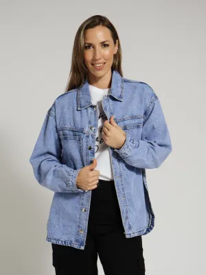 Long Sleeve Curved Hem Denim Shacket - Periwinkle