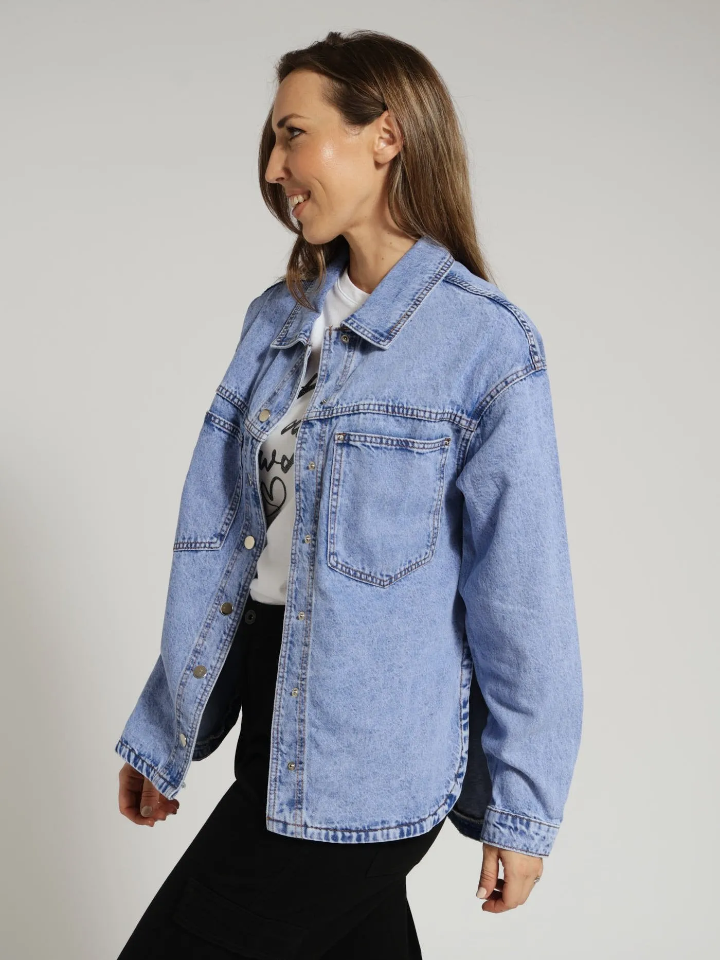 Long Sleeve Curved Hem Denim Shacket - Periwinkle