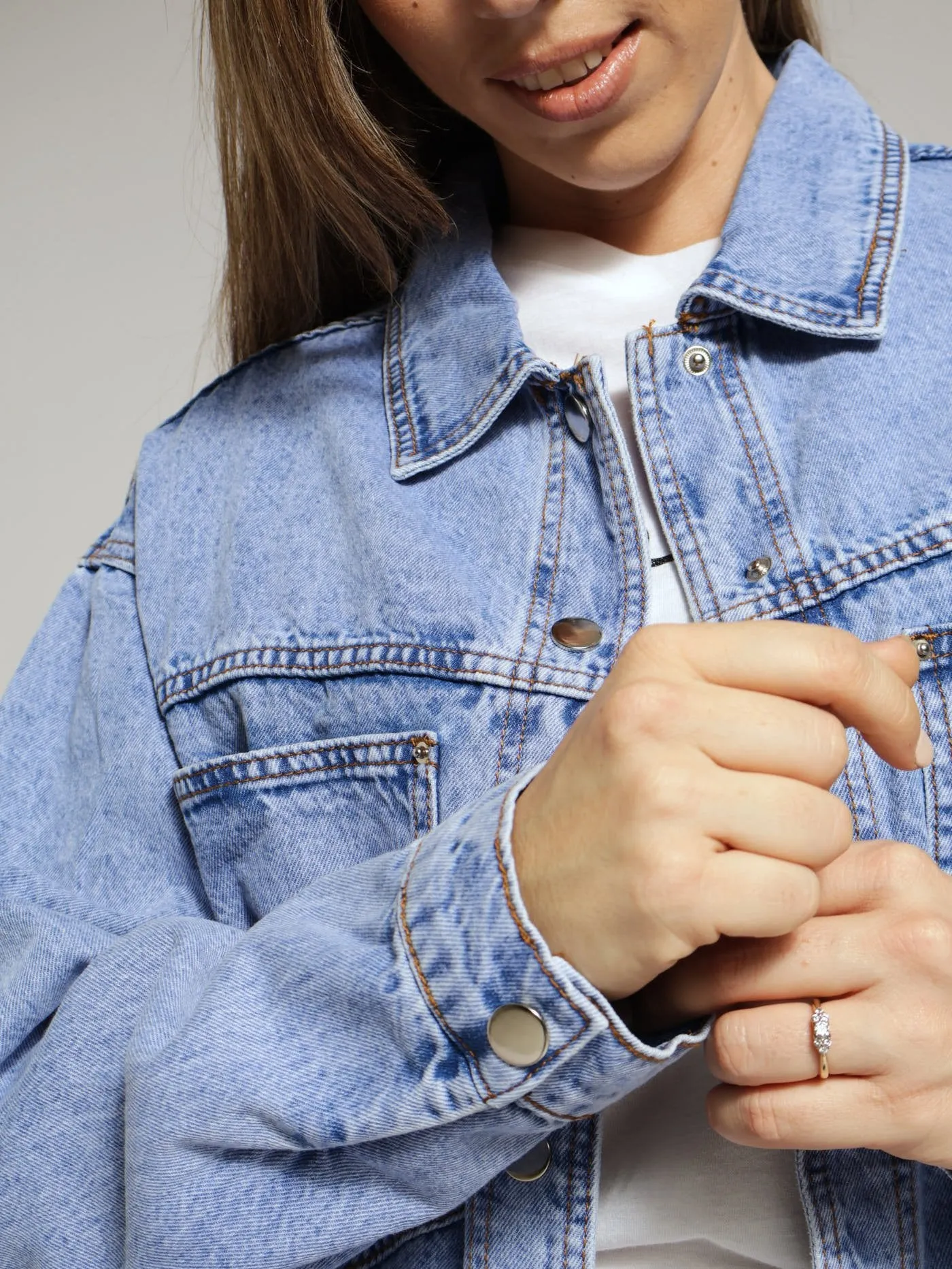 Long Sleeve Curved Hem Denim Shacket - Periwinkle