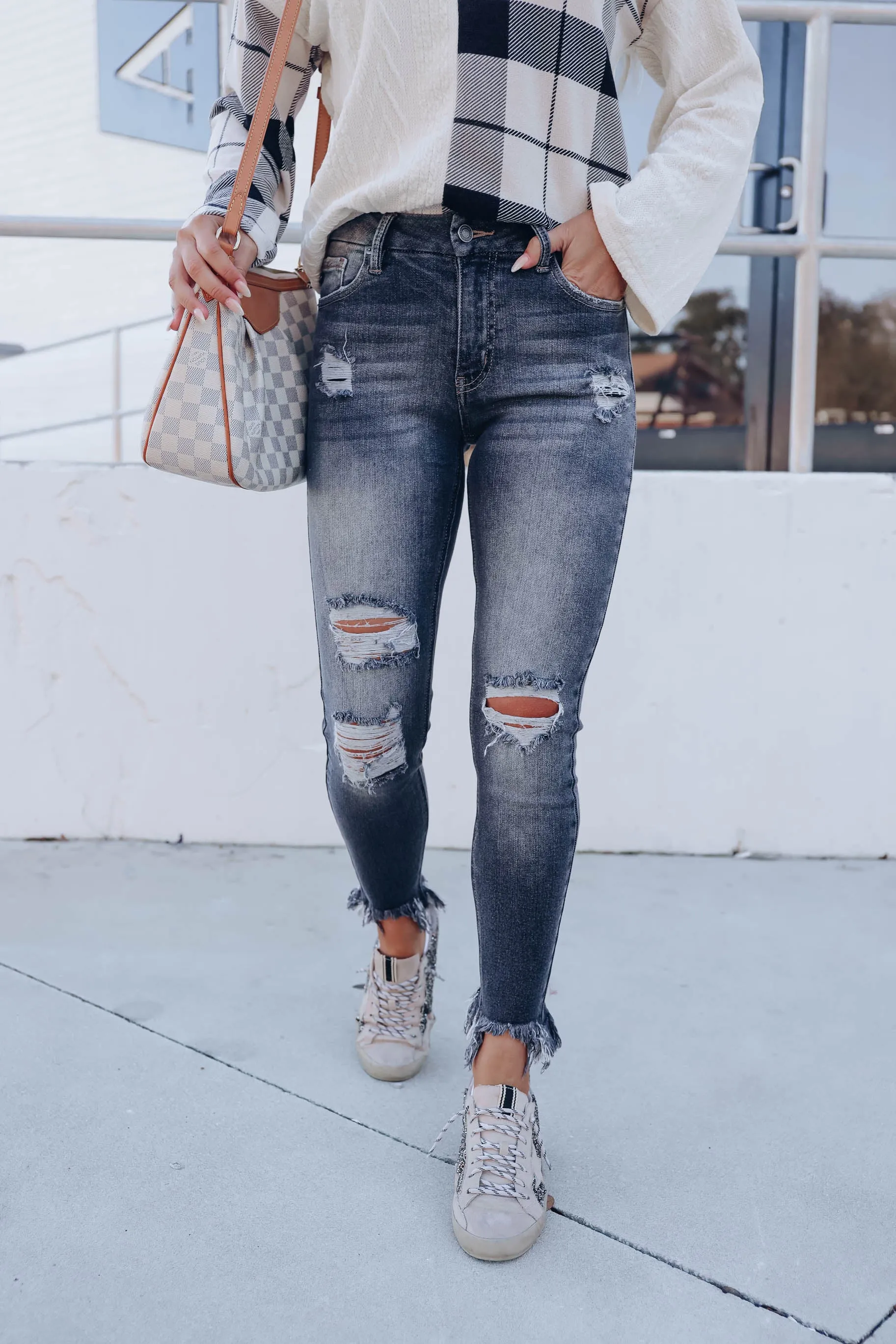 Lydia Frayed Hem Skinny Jeans - Black Wash
