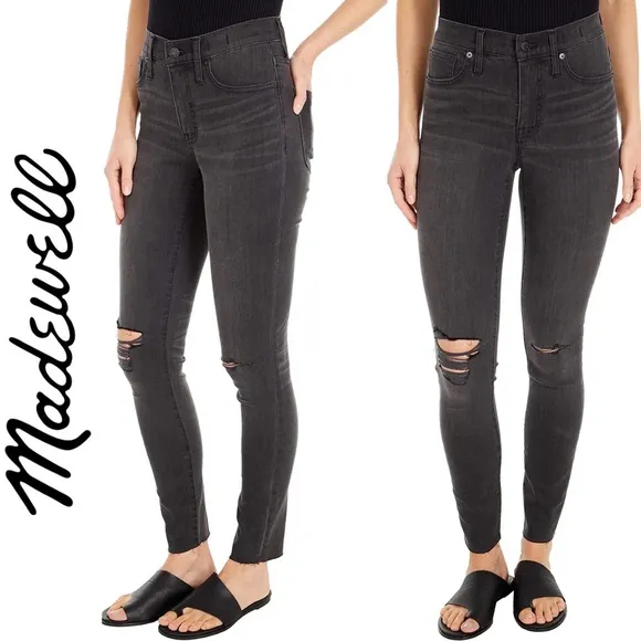 Madewell 9&quot; High Rise Skinny Jeans in Black Sea Raw Hem Distressed Boho H2230 27