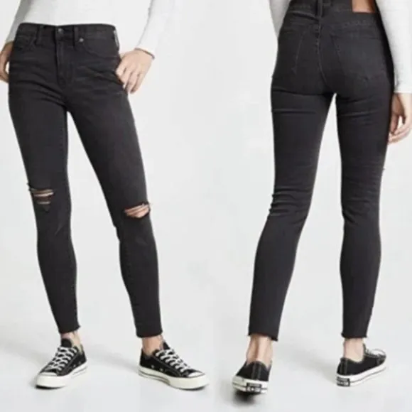 Madewell 9&quot; High Rise Skinny Jeans in Black Sea Raw Hem Distressed Boho H2230 27