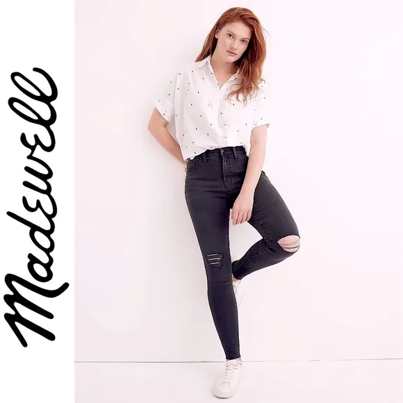 Madewell 9&quot; High Rise Skinny Jeans in Black Sea Raw Hem Distressed Boho H2230 27