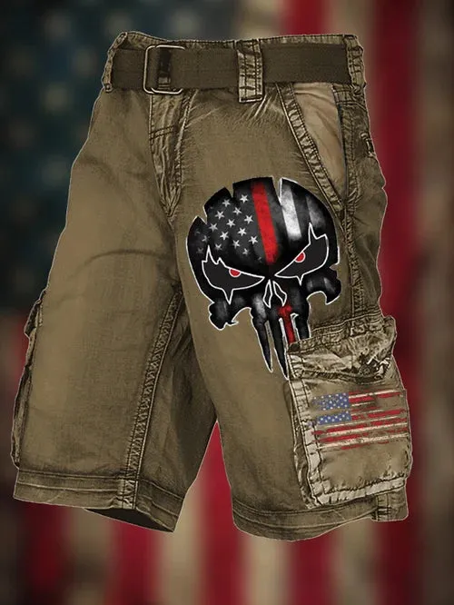 Men's Vintage Flag Independence Day Multi-Pocket Print Cargo Shorts (Belt Not Included)