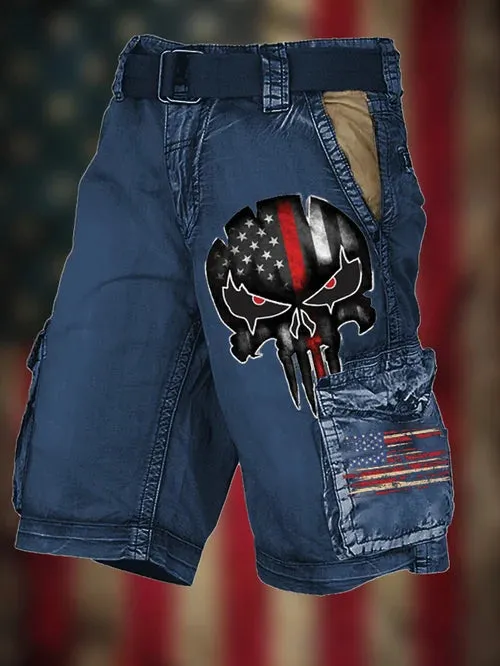 Men's Vintage Flag Independence Day Multi-Pocket Print Cargo Shorts (Belt Not Included)