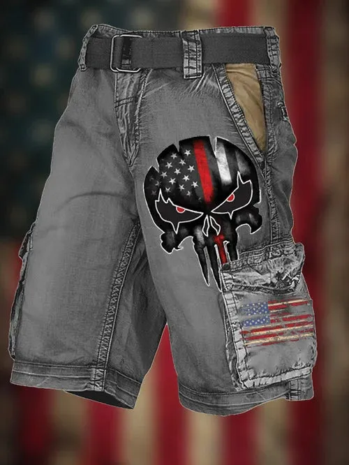 Men's Vintage Flag Independence Day Multi-Pocket Print Cargo Shorts (Belt Not Included)