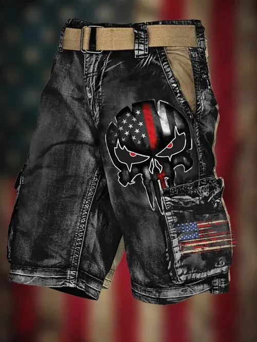 Men's Vintage Flag Independence Day Multi-Pocket Print Cargo Shorts (Belt Not Included)