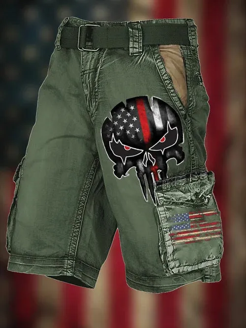 Men's Vintage Flag Independence Day Multi-Pocket Print Cargo Shorts (Belt Not Included)