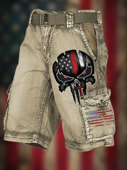 Men's Vintage Flag Independence Day Multi-Pocket Print Cargo Shorts (Belt Not Included)