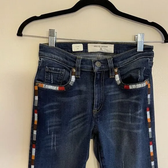 Miss Me Vintage Women 24 Distressed Denim Embroidered Boho Mid-Rise Flare Jeans