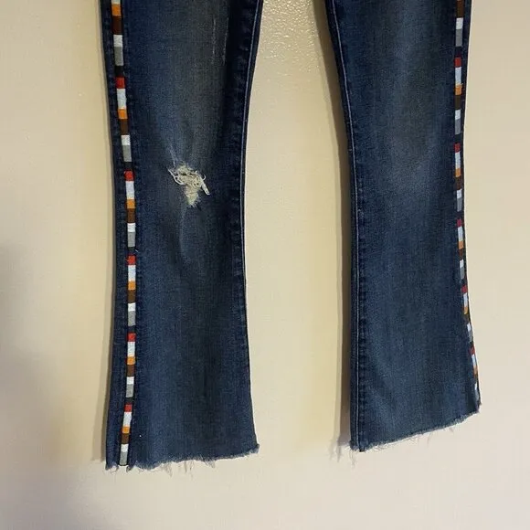 Miss Me Vintage Women 24 Distressed Denim Embroidered Boho Mid-Rise Flare Jeans